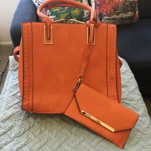 Elegant Orange Satchel Tote and Clutch Set